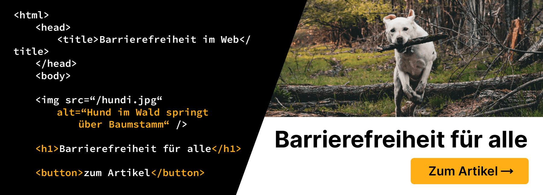 Hero Image: Links HTML Code inklusive Alt Tag, rechts das gerenderte Bild