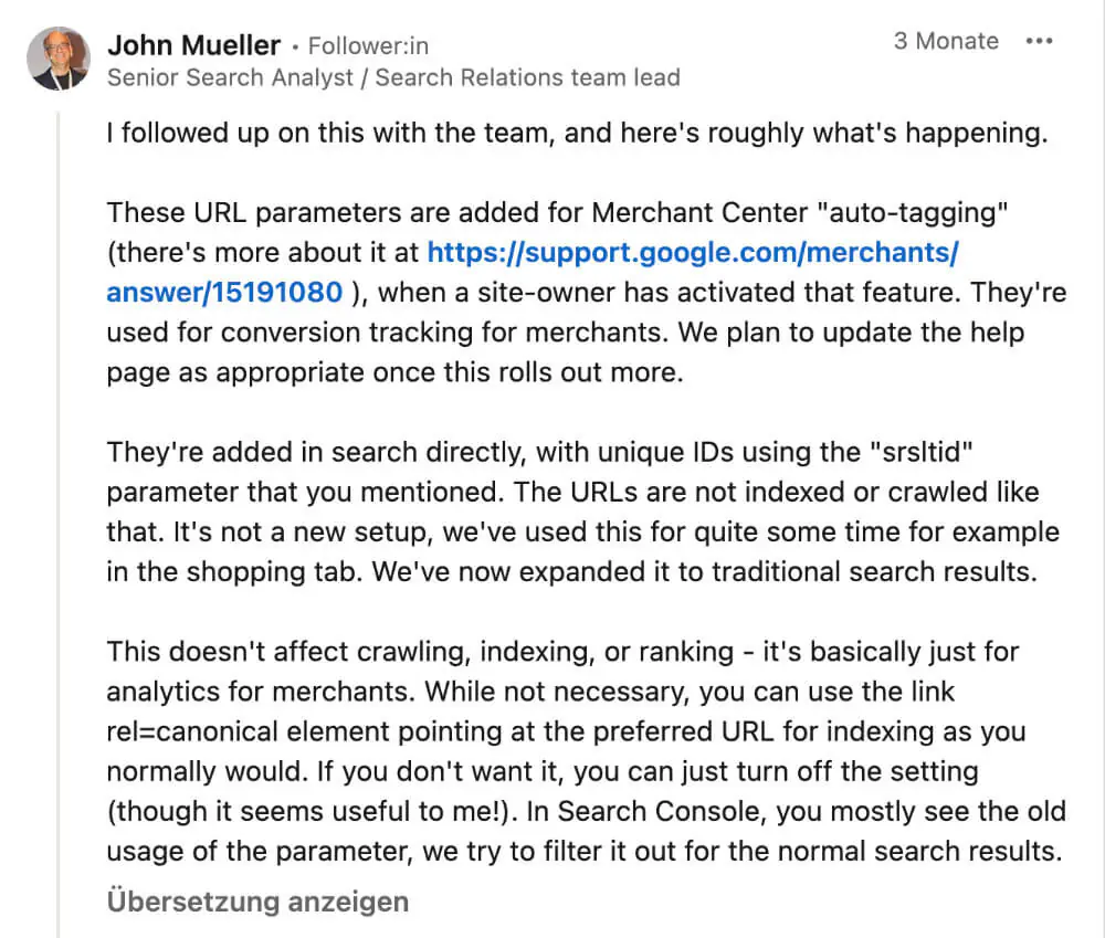 John Mueller Post auf LinkedIn darüber wie Google mit srsltid Parametern umgeht